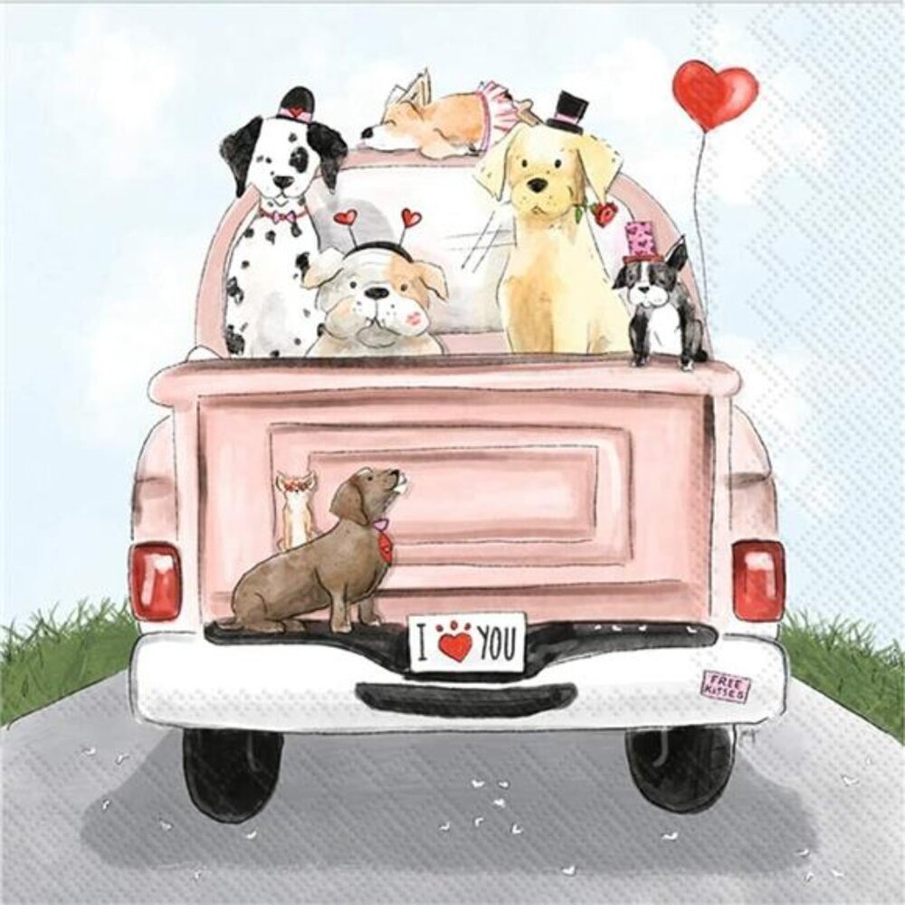 2 IHR 3-Ply Paper Napkins, 20-Count Cocktail Size, Valentines Pup Truck set of 2